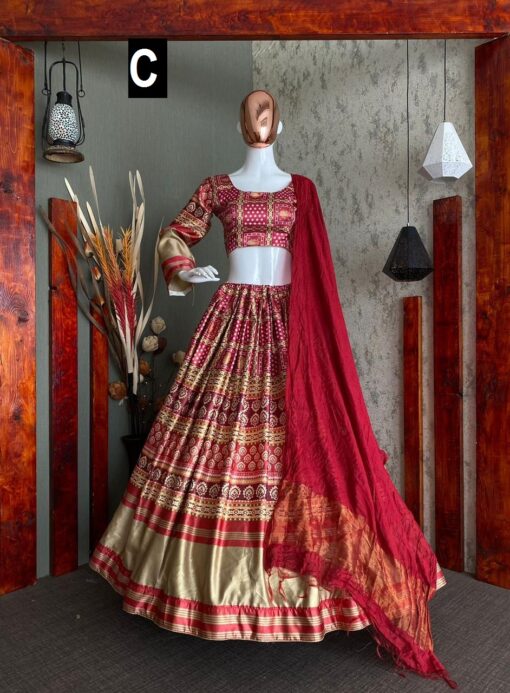 Boutique Style Zari Satin Printed Lehenga Choli