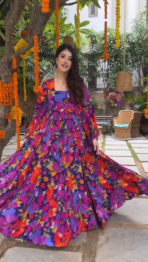 Digital Print Bloon Sleevs Georgette Gown