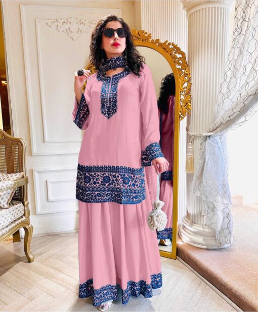 Faux Georgette Embroidered Plazo Suit