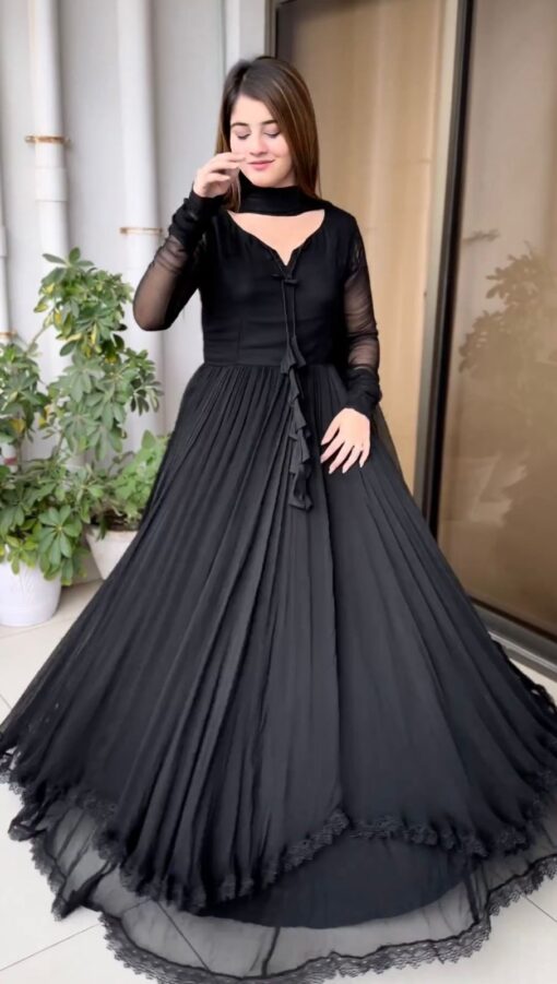 Lace Work Georgette Black Gown With Tassels
