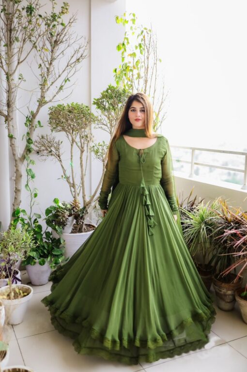 Lace Work Georgette Green Gown With Tassels