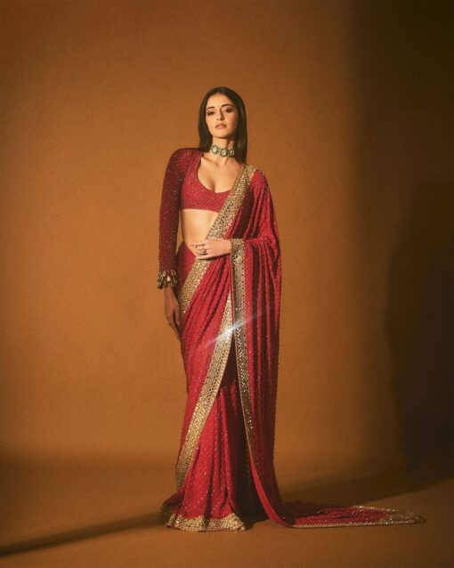 Sequance Work Faux Georgette Red Saree