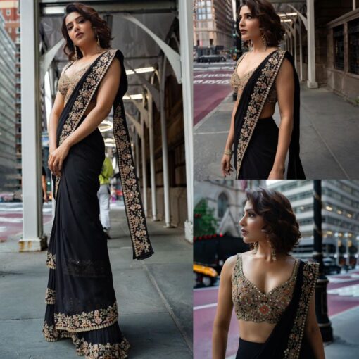 Thread & Sequance Work Black Georgette Saree