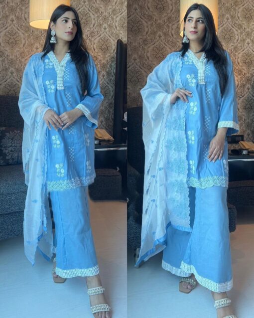 Thread Work Reyon Sky Blue Plazo Suit