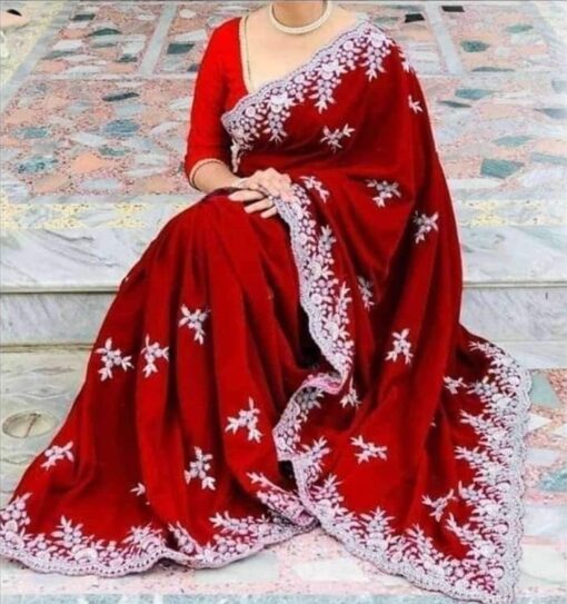 Winter Wedding Special Red Velvet Saree