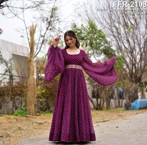 Balloon Sleeves Georgette Gown With Belt