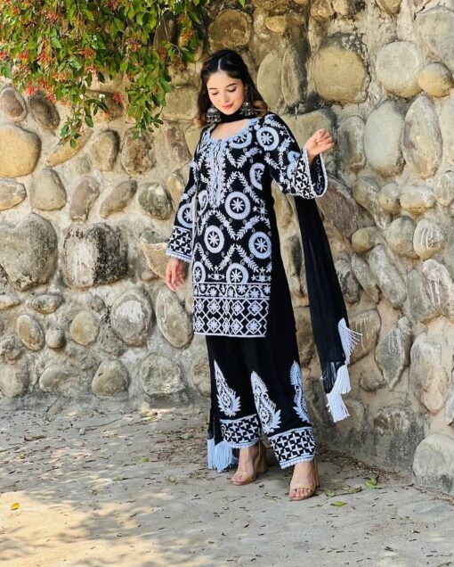Chine Stich Georgette Plazo Black Suit