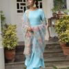 Floral Print Georgette Flared Sky Blue Dress