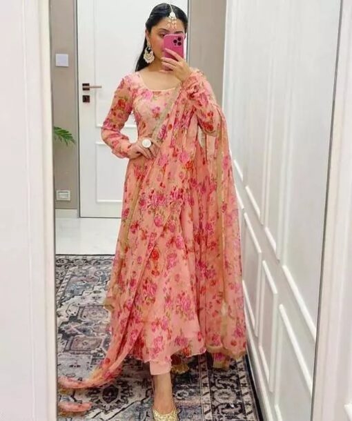 Floral Print Georgette Gown With Dupatta