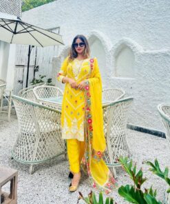 Heavy Embroidered Georgette Yellow Suit
