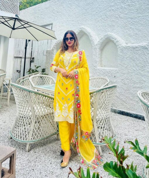 Heavy Embroidered Georgette Yellow Suit