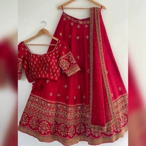 Red Embroidered Satin Silk Lehenga Choli