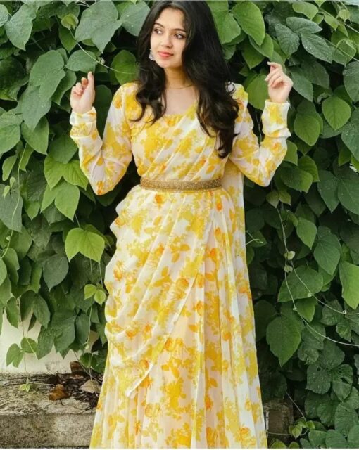 Sunflower Print Georgette Maxi Gown