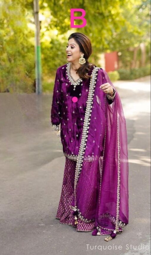 Zari Work Heavy Velvet Kurti Plazzo Suit
