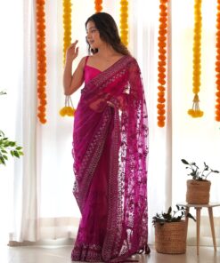 Aari & Diamond Work Embroidered Net Saree