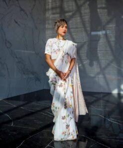 Digitally Printed Plain Linen Saree