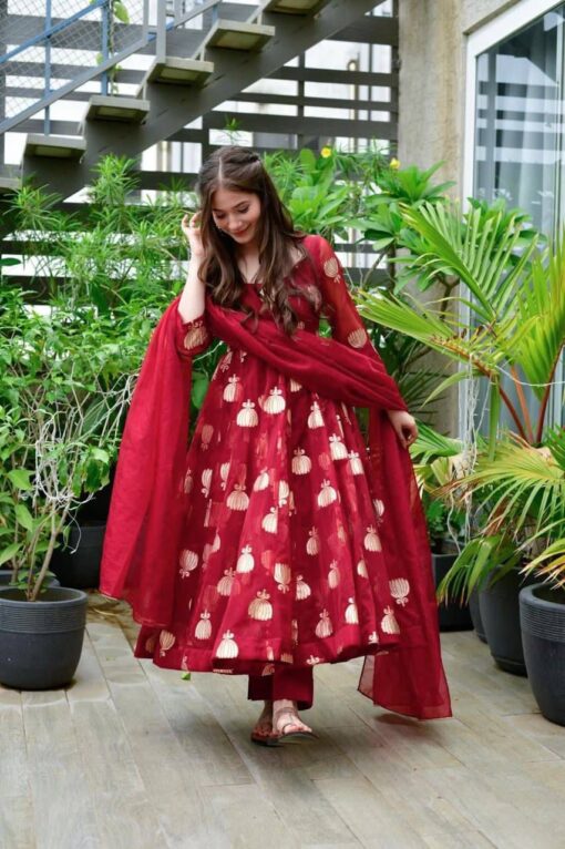 Georgette Fully Embroidered Red Anarkali Gown