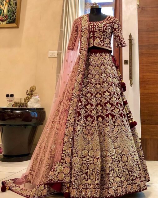 Heavy Velvet Maroon Bridal Lehenga Choli