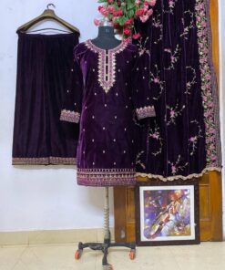 Heavy Work Velvet Kurti Plazzo Suit