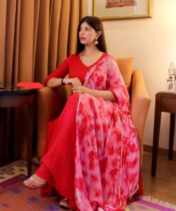 Reyon Printed Anarkali Gown Red