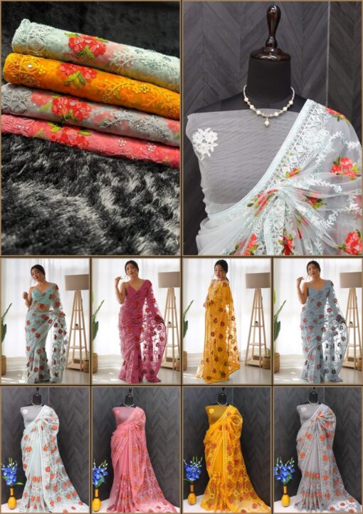 Thread & Aari Embroidery Stone Work Net Saree