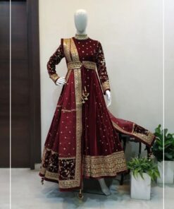 Thread & Sequence Work Velvet Maroon Anarkali Gown