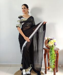 Triple Sequence Embroidered Georgette Ready To Wear Bollywood Saree