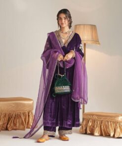 Velvet Embroidered Long Kurti Plazzo Suit