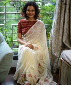 Digitally Printed Plain Linen Saree