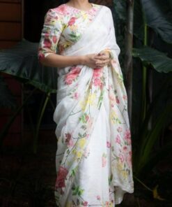 Digitally Printed Plain Linen Saree