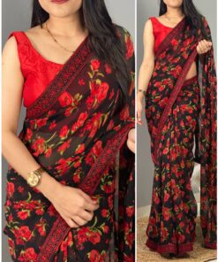 Floral Print With Lace Work Georgette Saree