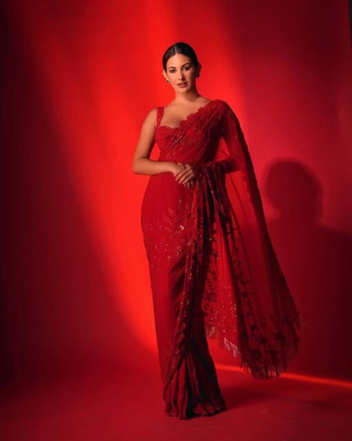 Red Sequence Work Georgette Bollywood Saree