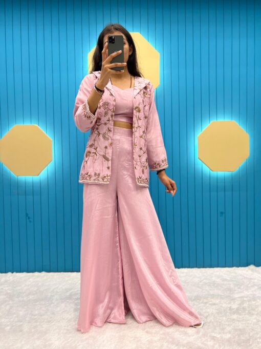 Sequence Embroidered Fiona Silk Top Plazzo & Koti Set