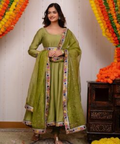 Georgette Sequence Work Full Sleeve Gown With Pad & Belt Attached