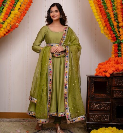 Georgette Sequence Work Full Sleeve Gown With Pad & Belt Attached